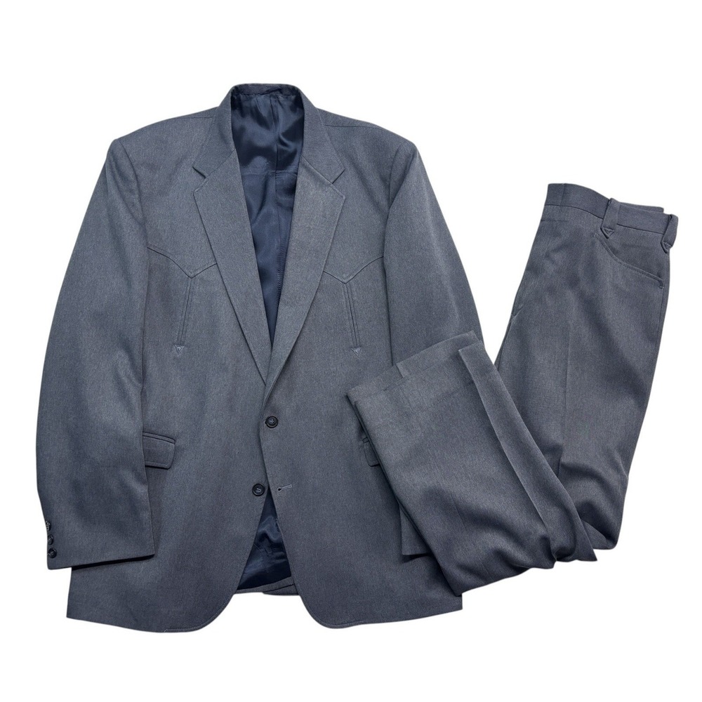 vtg USA Made Western 48L 40x32 Blue 2pc Pant Suit Bootcut Cowboy Knit Classic